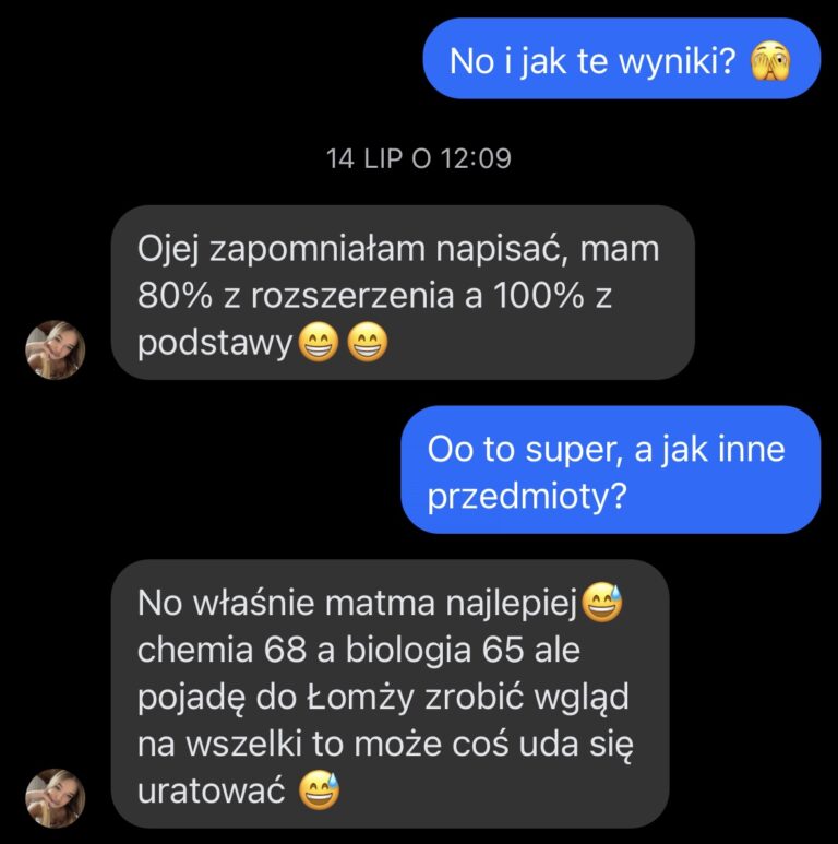 Zrzut ekranu wiadomości od ucznia